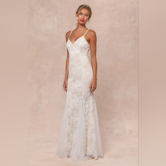 Lulus Immaculate Grace White and Beige Lace Mermaid Maxi Dress Wedding Party - Picture 3 of 10